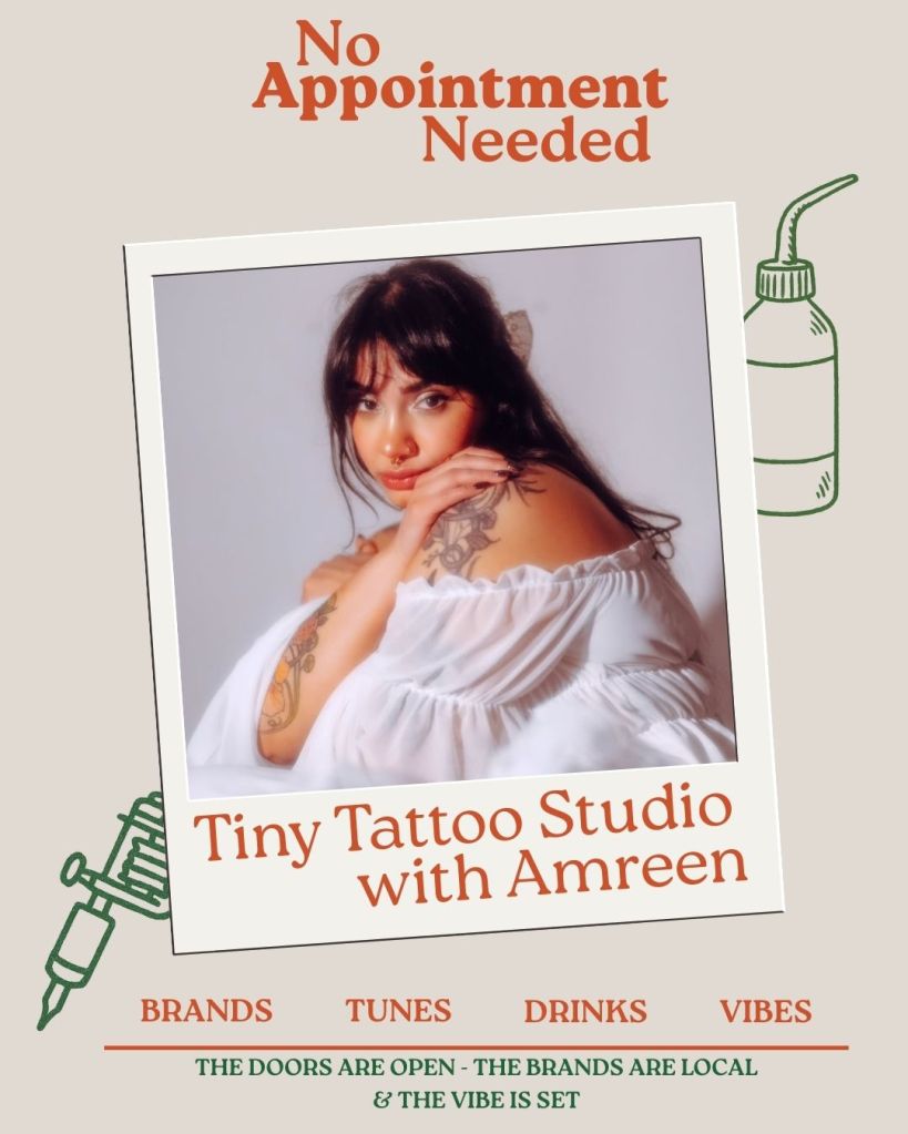 Graphic promoting a tattoo studio event featuring Amreen, with decorative elements and text indicating 'No Appointment Needed'.