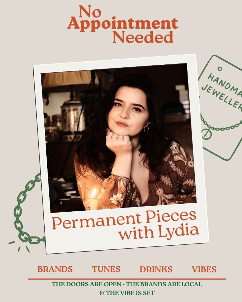 Promotional poster for 'No Appointment Needed' event featuring a woman with dark hair wearing a floral top, showcasing handmade jewellery.